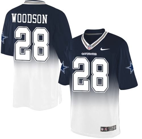 Nike Cowboys #28 Darren Woodson Navy Blue/White Men's Stitched NFL Elite Fadeaway Fashion Jersey - Click Image to Close